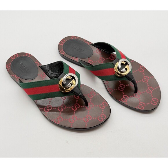 Gucci Shoes - Gucci Kika GG Web Stripe Thong Sandals Black Red Flip Flop Flats EU 37.5 US 7.5